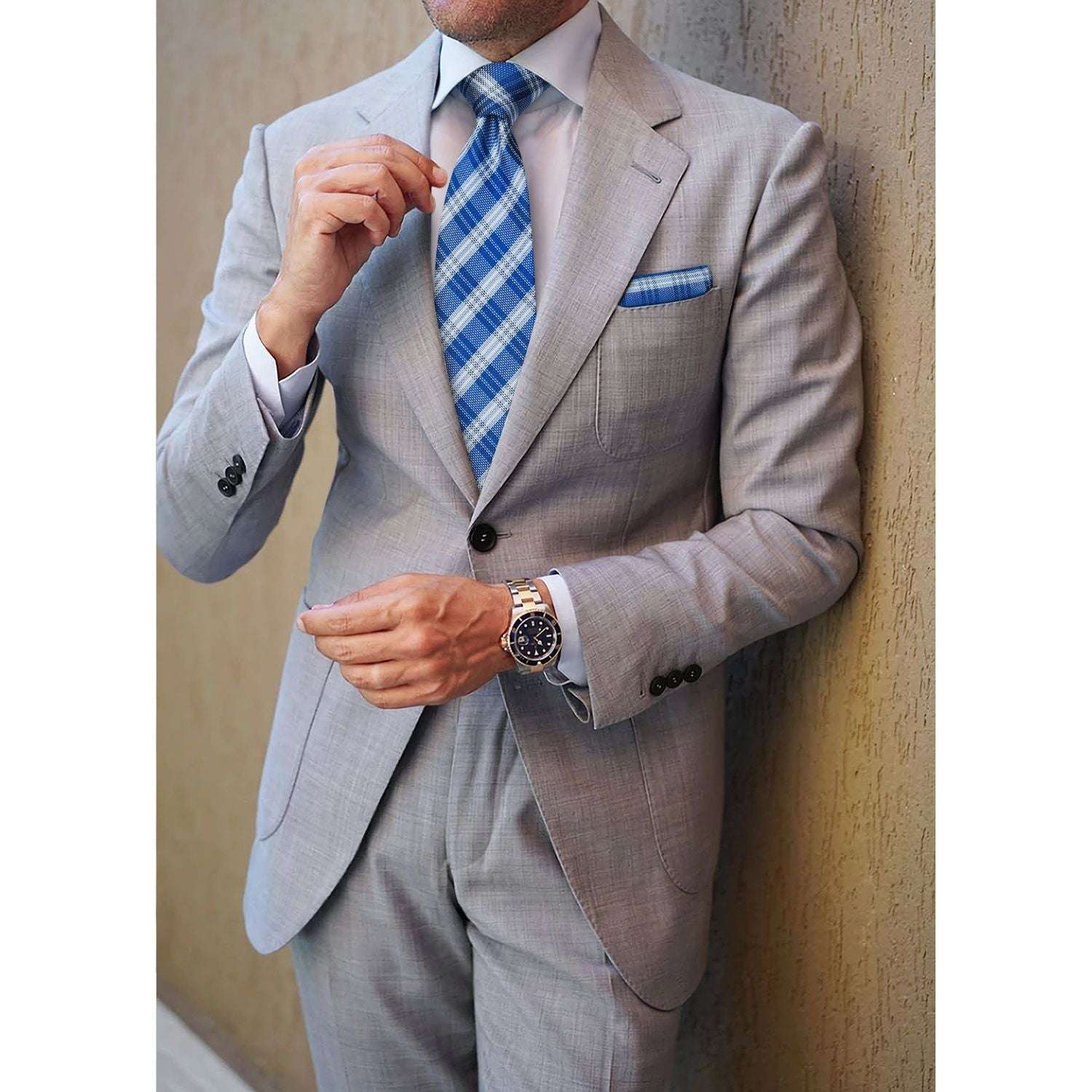 Hisdern Blue Plaid Tie Set For Groomsmen