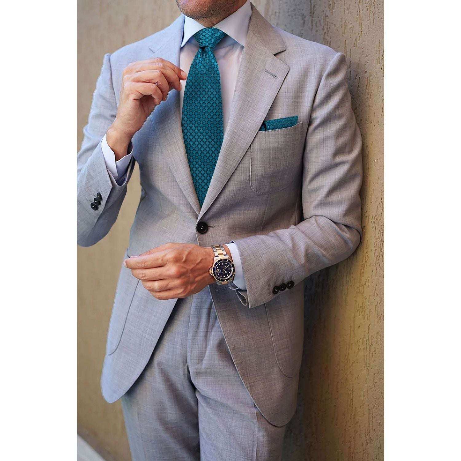 Hisdern Teal Plaid Pocket Square With Matching Tie