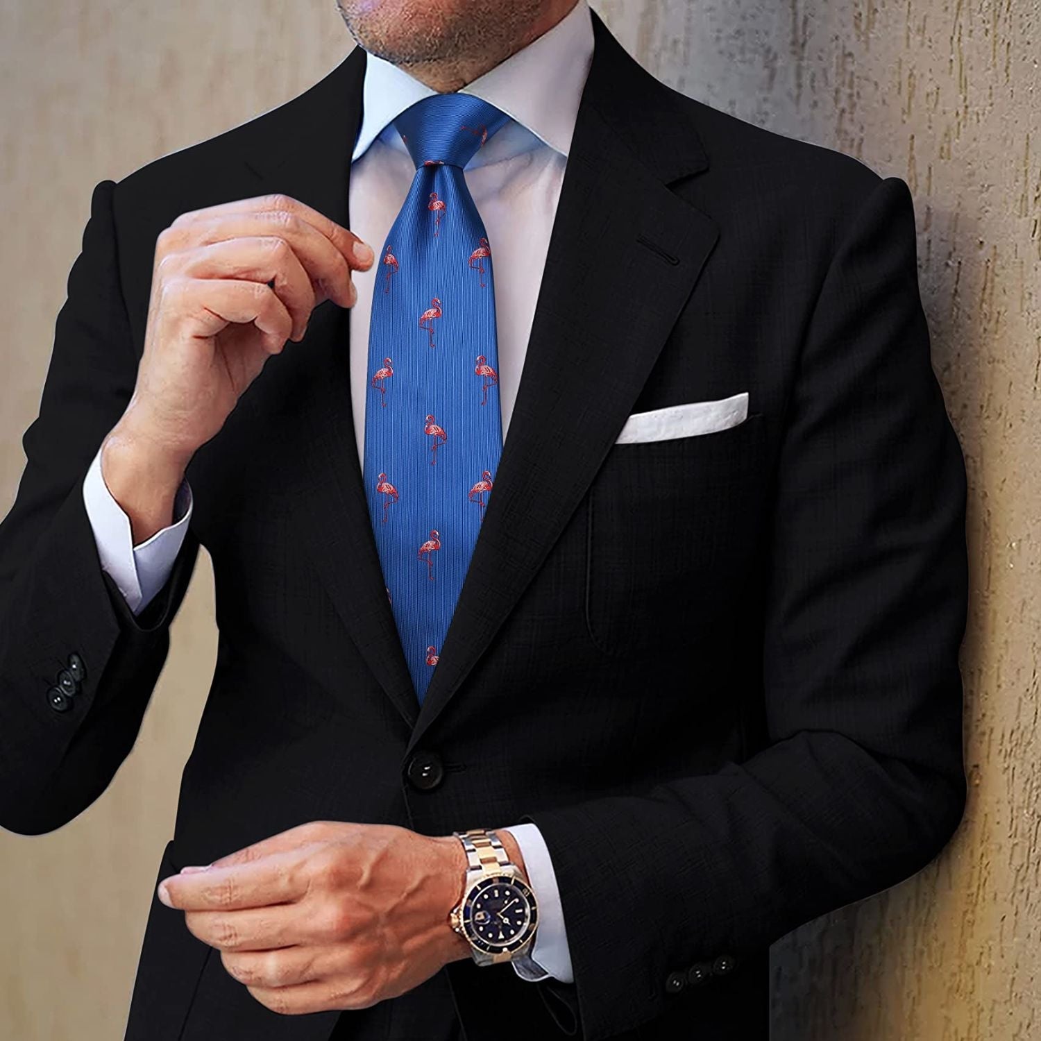 Hisdern Blue Flamingo Print Men's Suit Tie Set