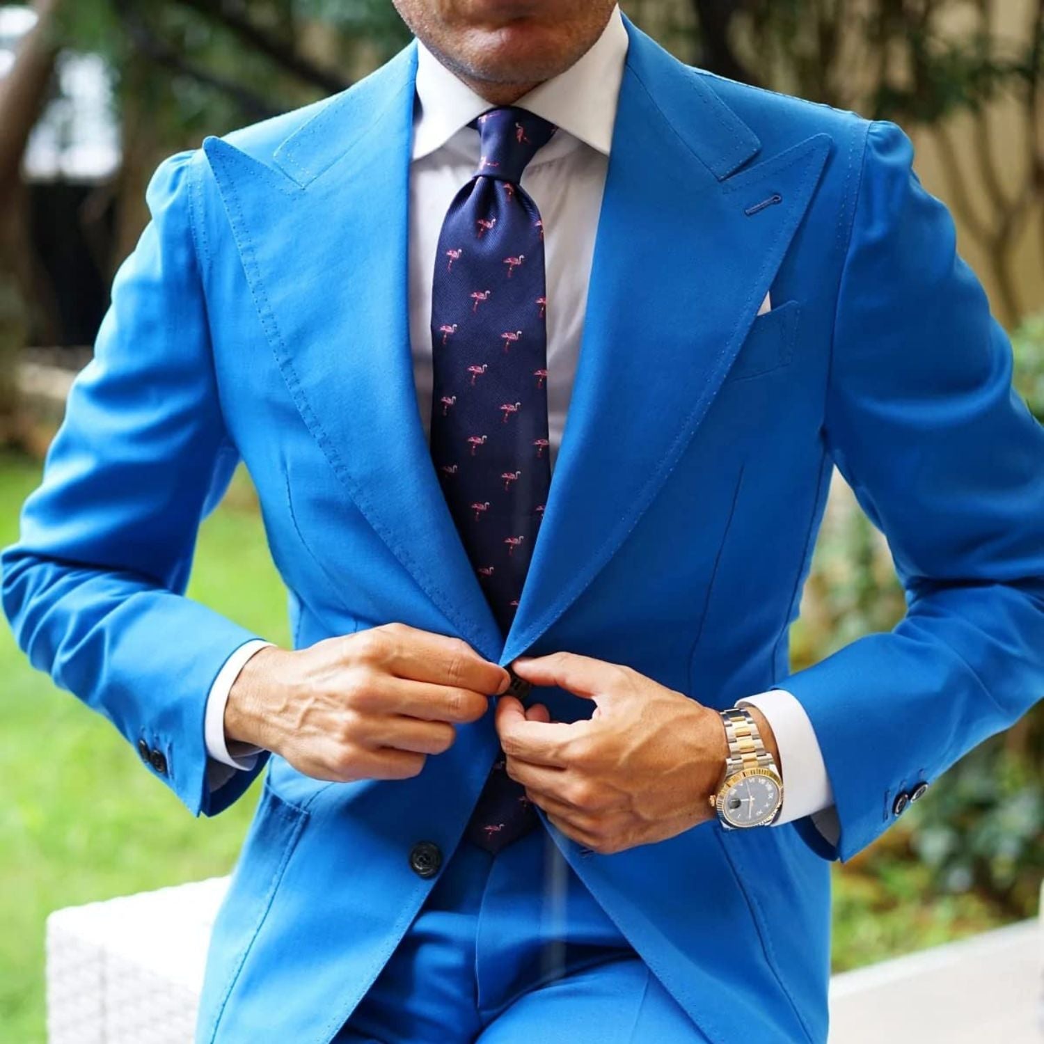 Hisdern Blue Flamingo Print Men's Suit Tie Set