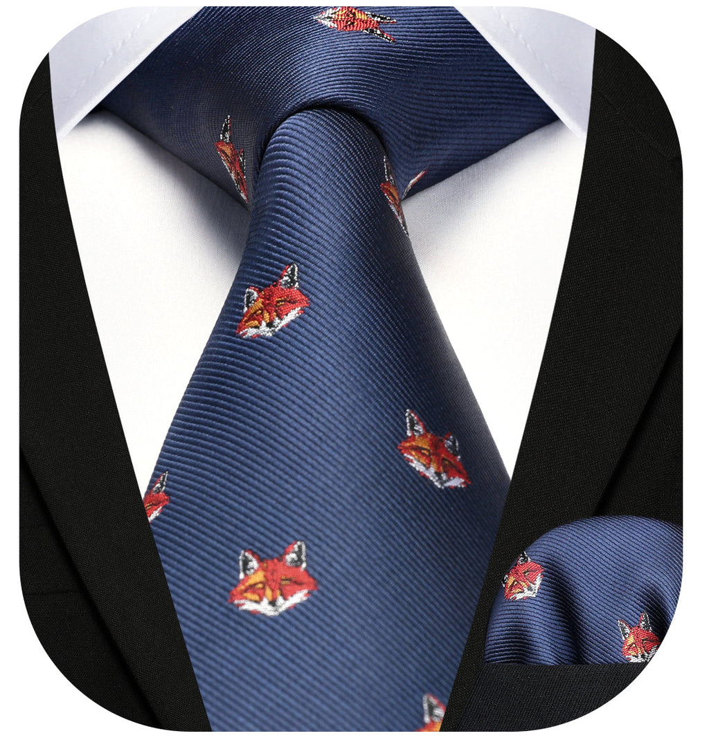 Hisdern Navy Blue Fox Print Men's Suit Tie Set