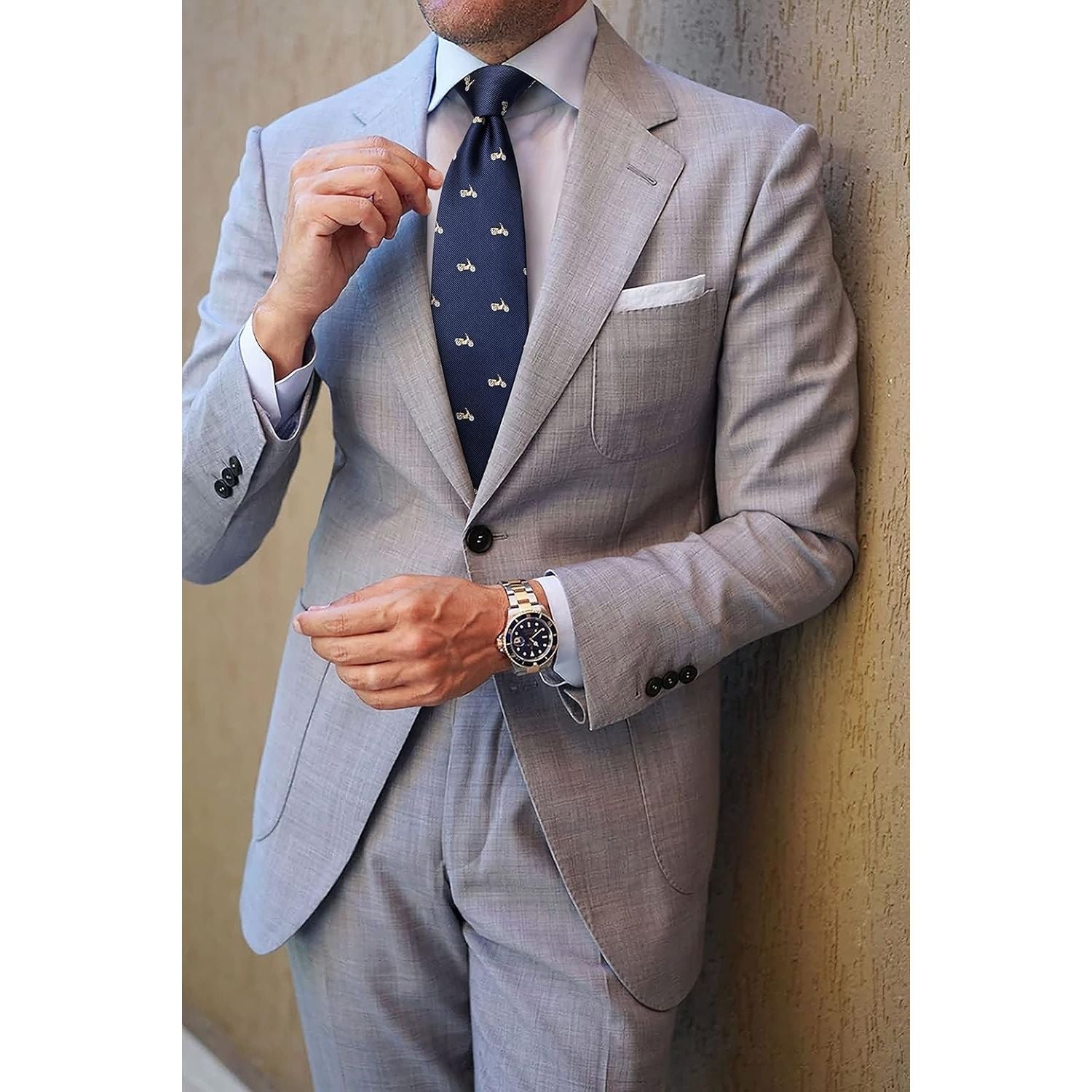 Hisdern Navy Blue Pattern Print Men's Suit Tie Set