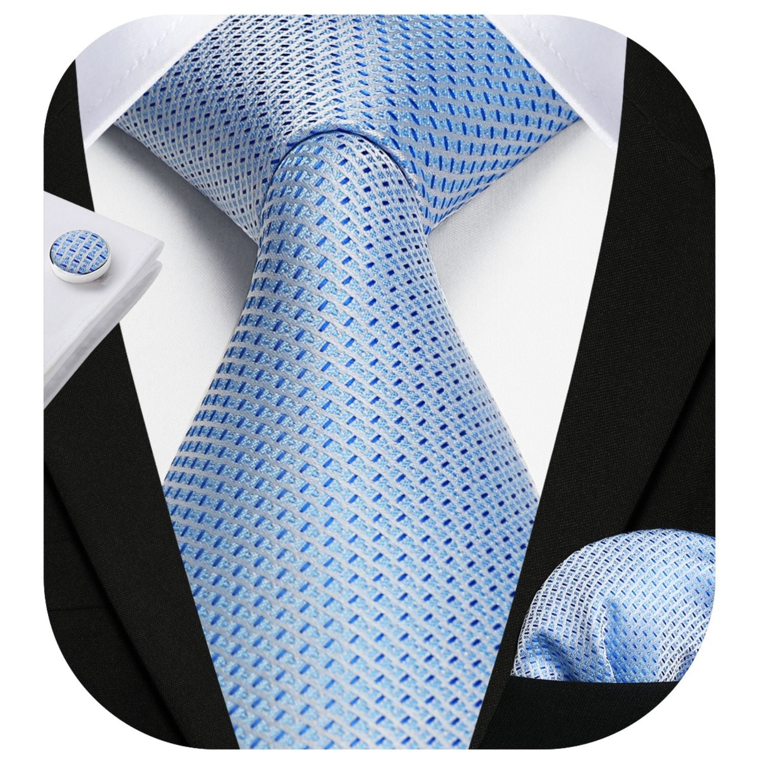 Hisdern Baby Blue Plaid Wedding Accessories Set with Cufflinks