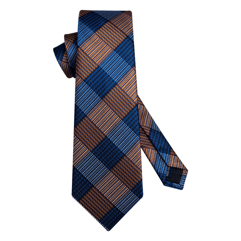 Hisdern Navy Blue Brown Plaid Business Tie Set
