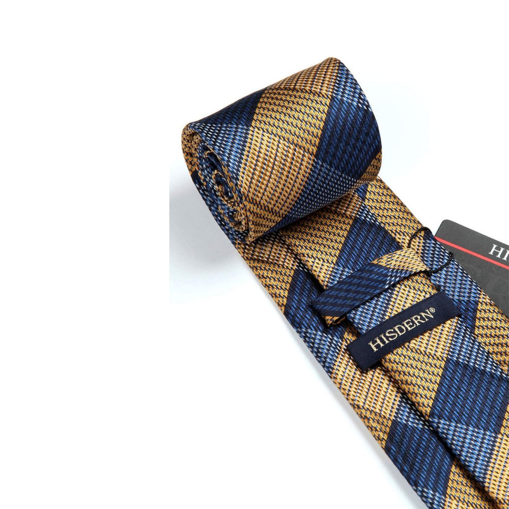 Hisdern Yellow Navy Blue Plaid Business Tie Set