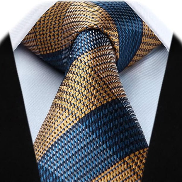 Hisdern Yellow Navy Blue Plaid Business Tie Set