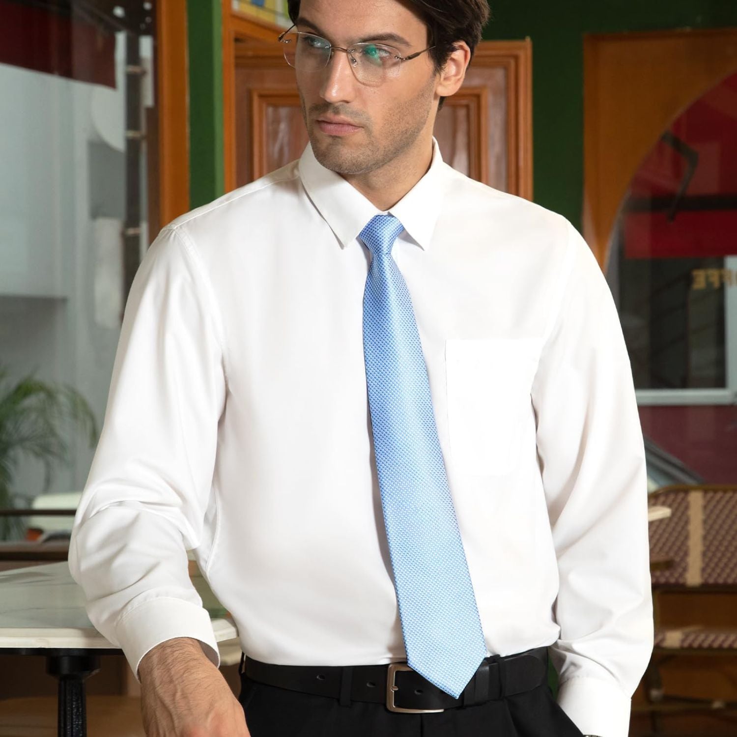 Hisdern Blue Houndstooth Business Tie Set with Cufflinks