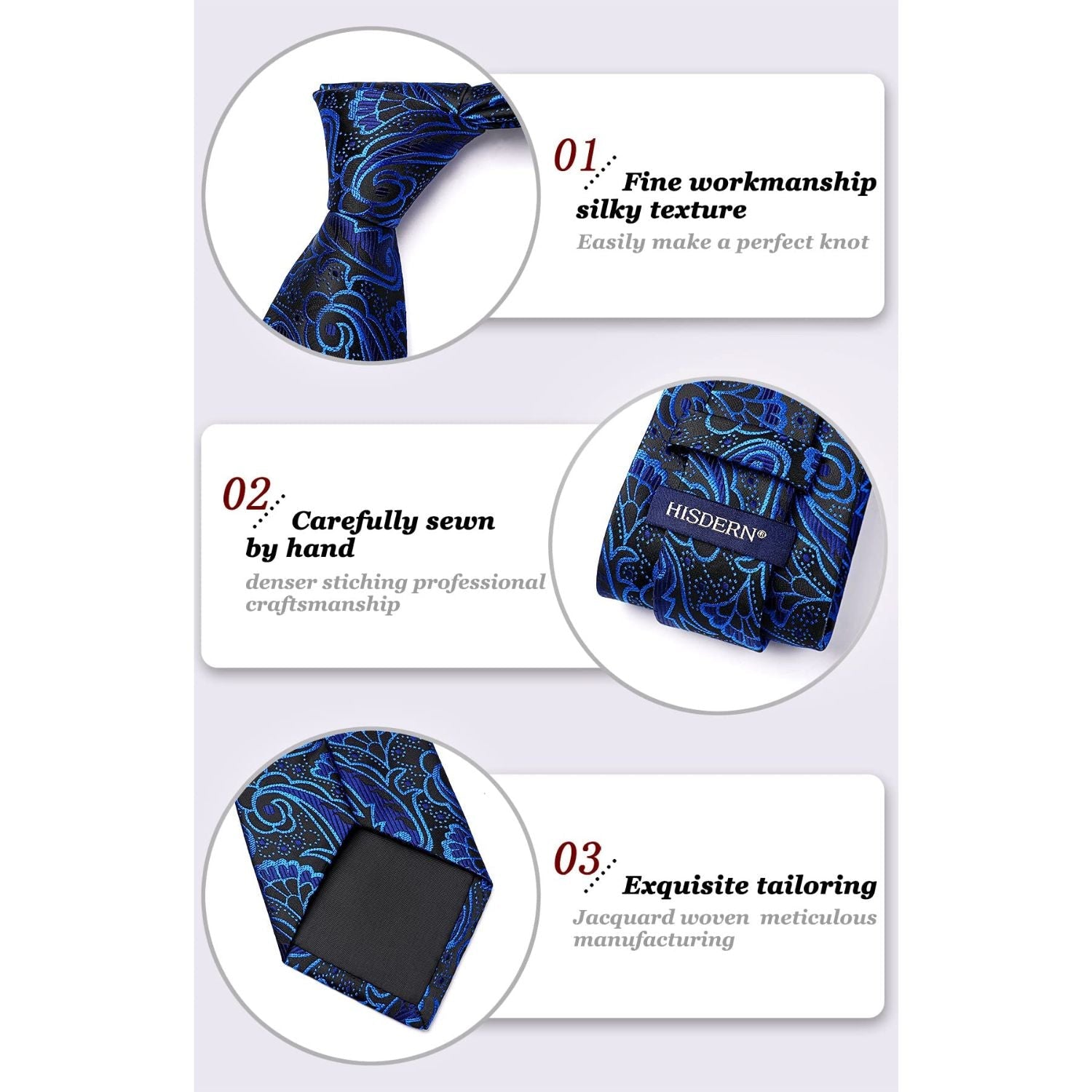 Hisdern Blue Black Paisley Tie Set For Formal Wear