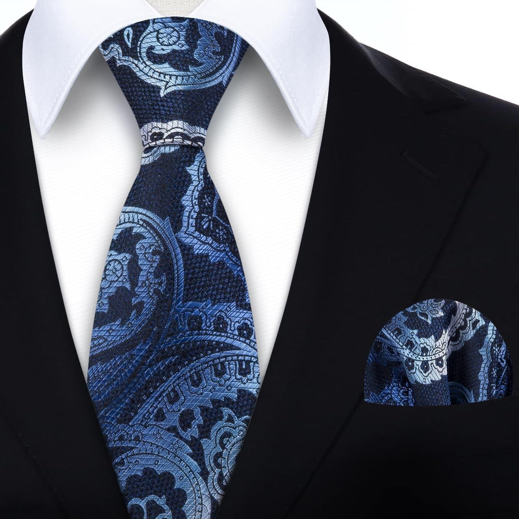 Hisdern Extra Long Navy Blue Paisley Set For Groomsmen