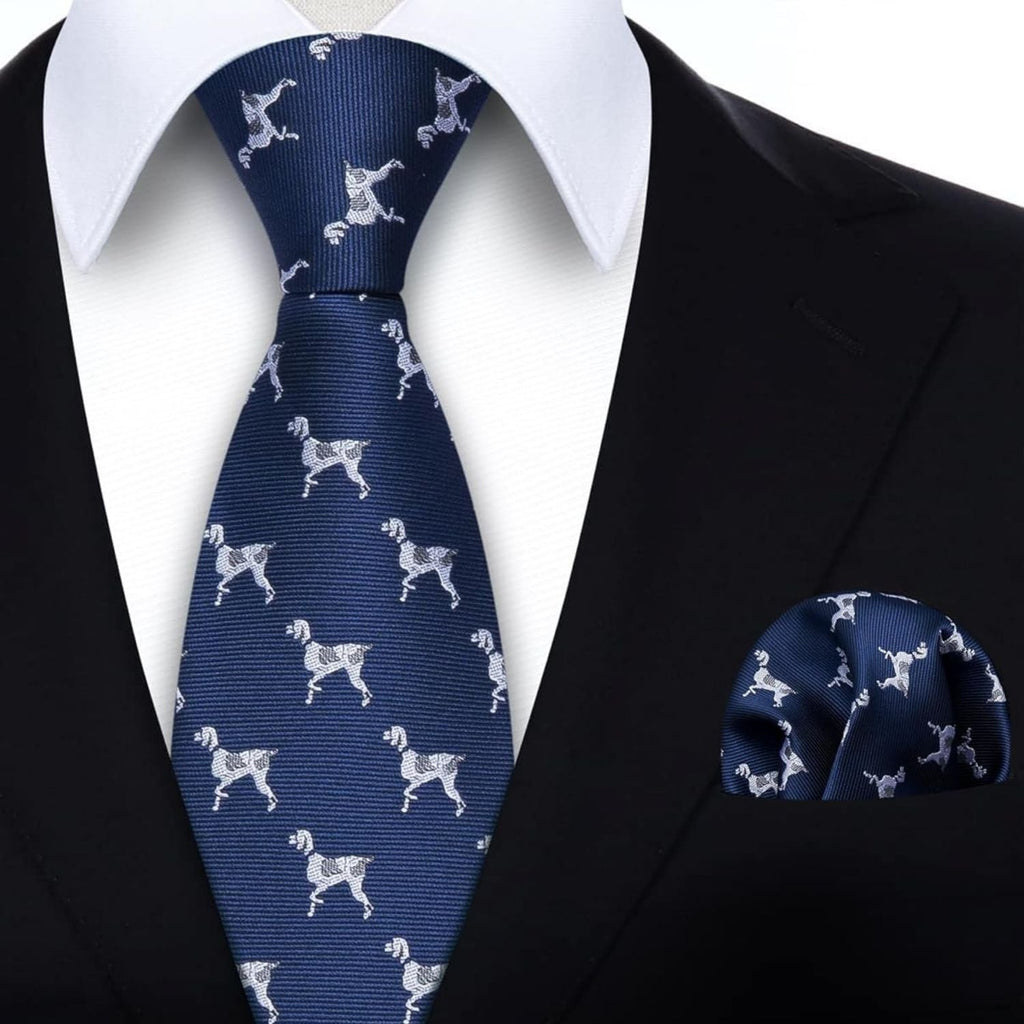 Hisdern Navy Blue Dog Cute Pattern Tie Set