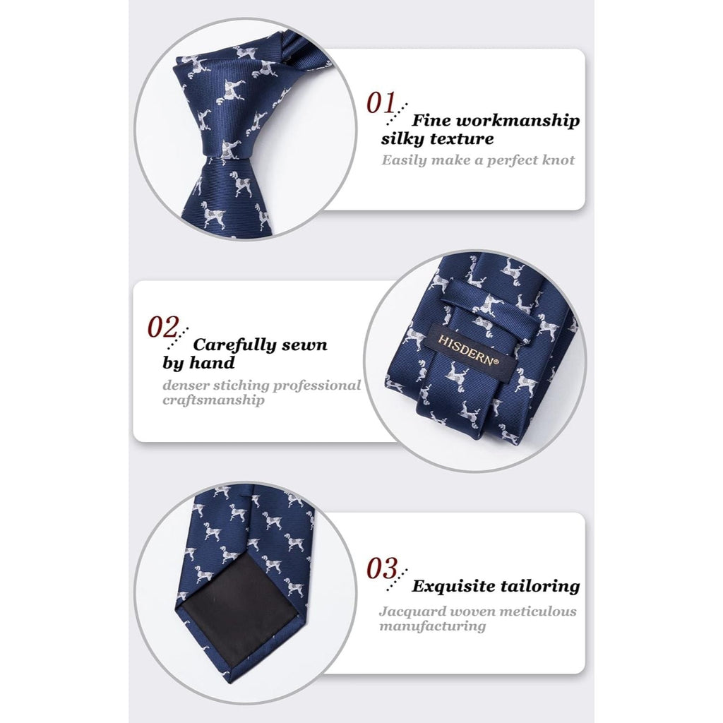 Hisdern Navy Blue Dog Cute Pattern Tie Set