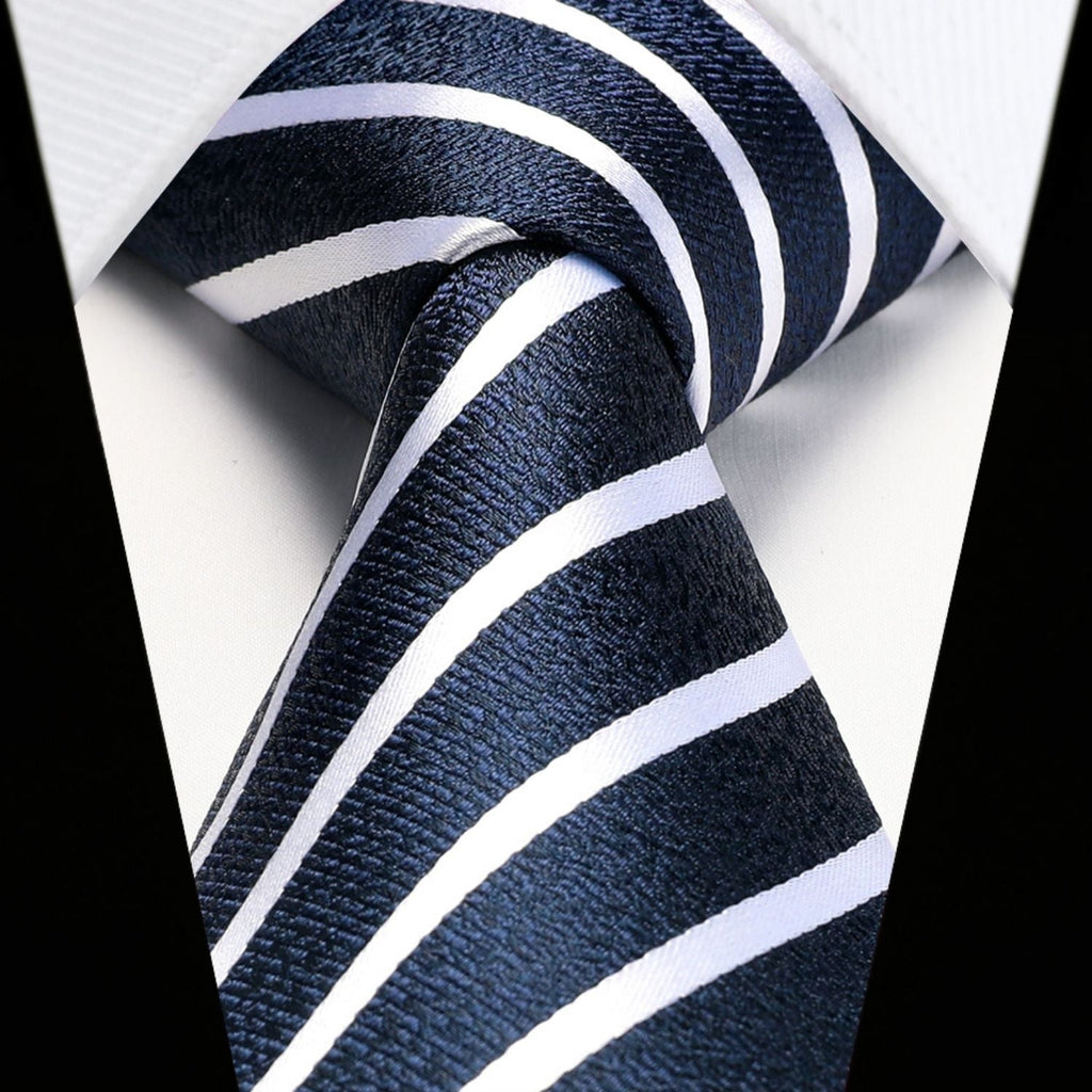 Hisdern Navy White Striped Business Tie Set