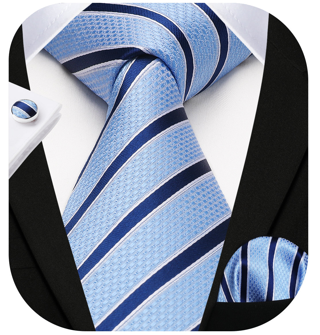 Hisdern Sky Blue Striped Business Accessories Set with Cufflinks