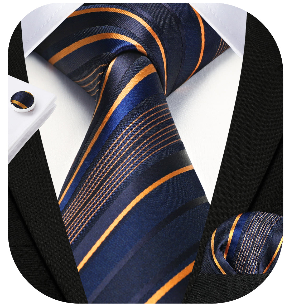 Hisdern Navy Blue Striped Wedding Accessories Set with Cufflinks