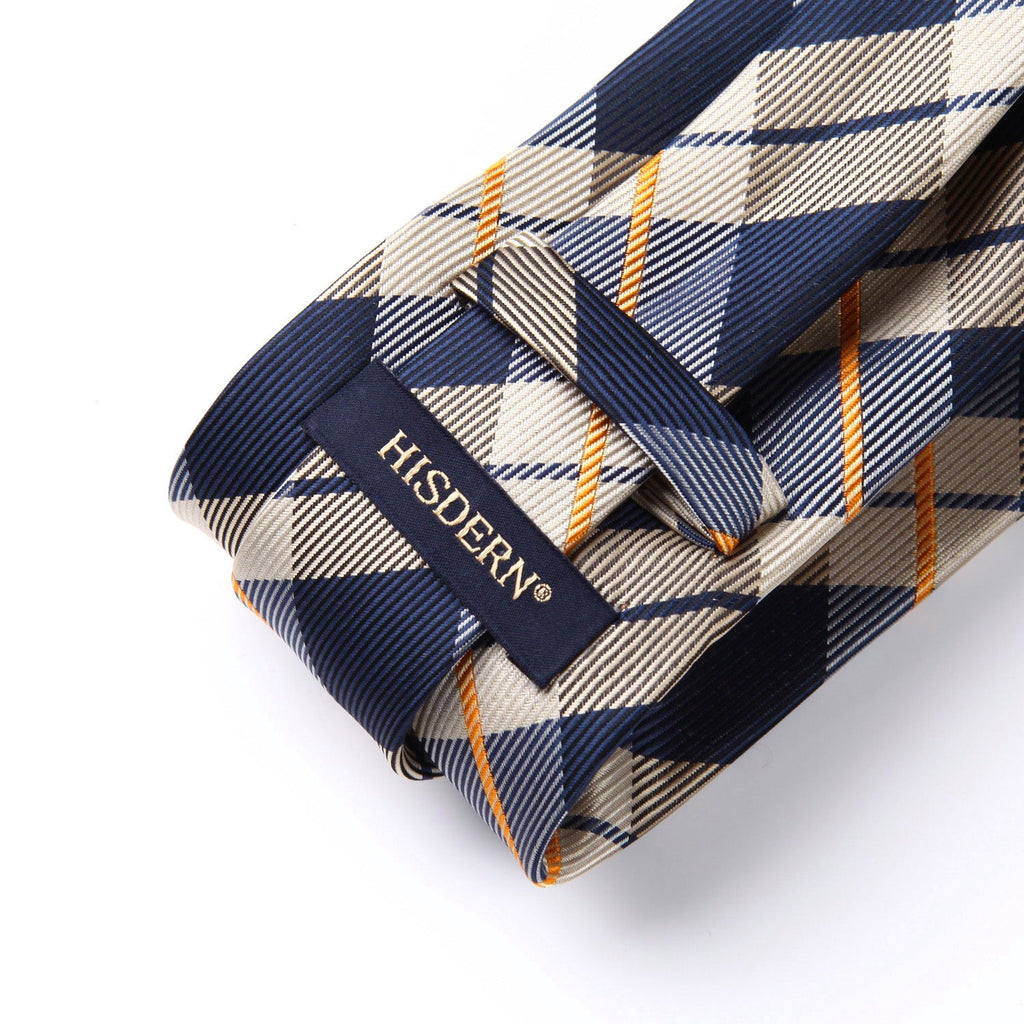 Hisdern Brown Navy Blue Plaid Tie Set For Groomsmen