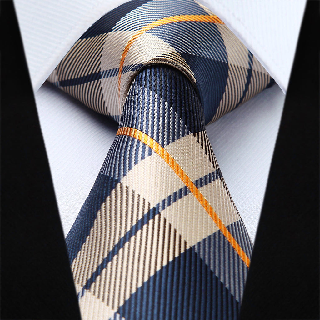Hisdern Brown Navy Blue Plaid Tie Set For Groomsmen