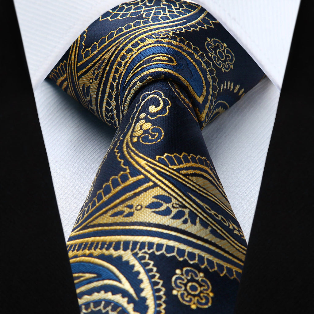 Hisdern Gold Blue Paisley Tie Set For Formal Wear