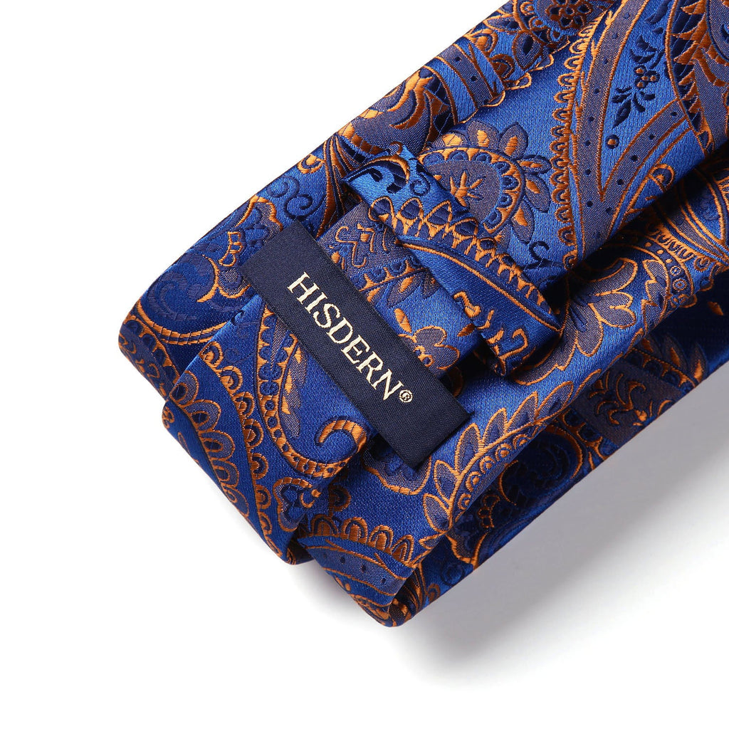Hisdern Blue Orange Paisley Tie Set For Formal Wear