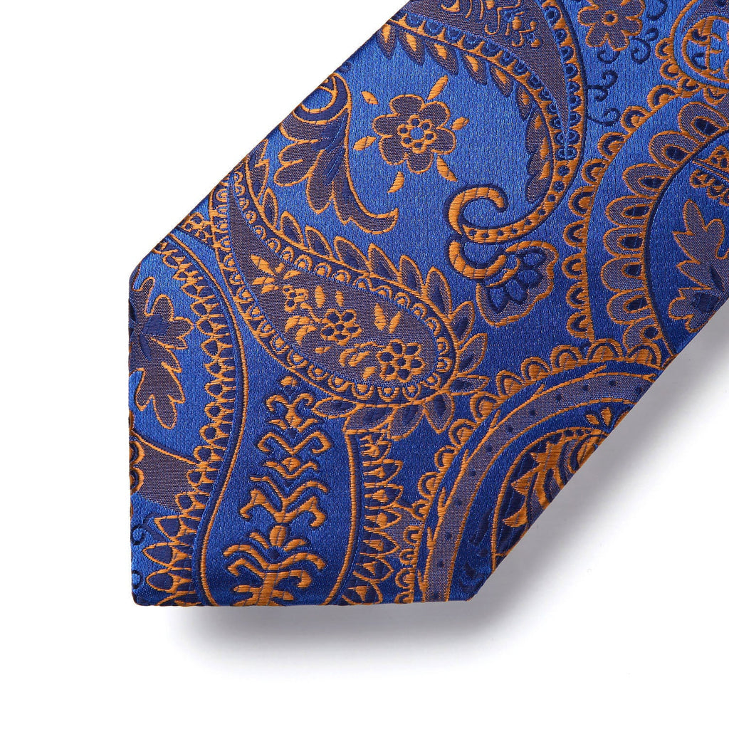 Hisdern Blue Orange Paisley Tie Set For Formal Wear