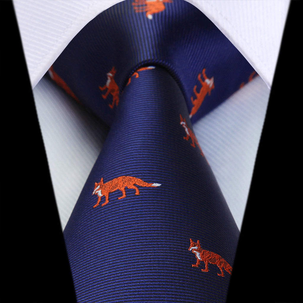 Hisdern Blue Fox Cute Print Pattern Tie Set