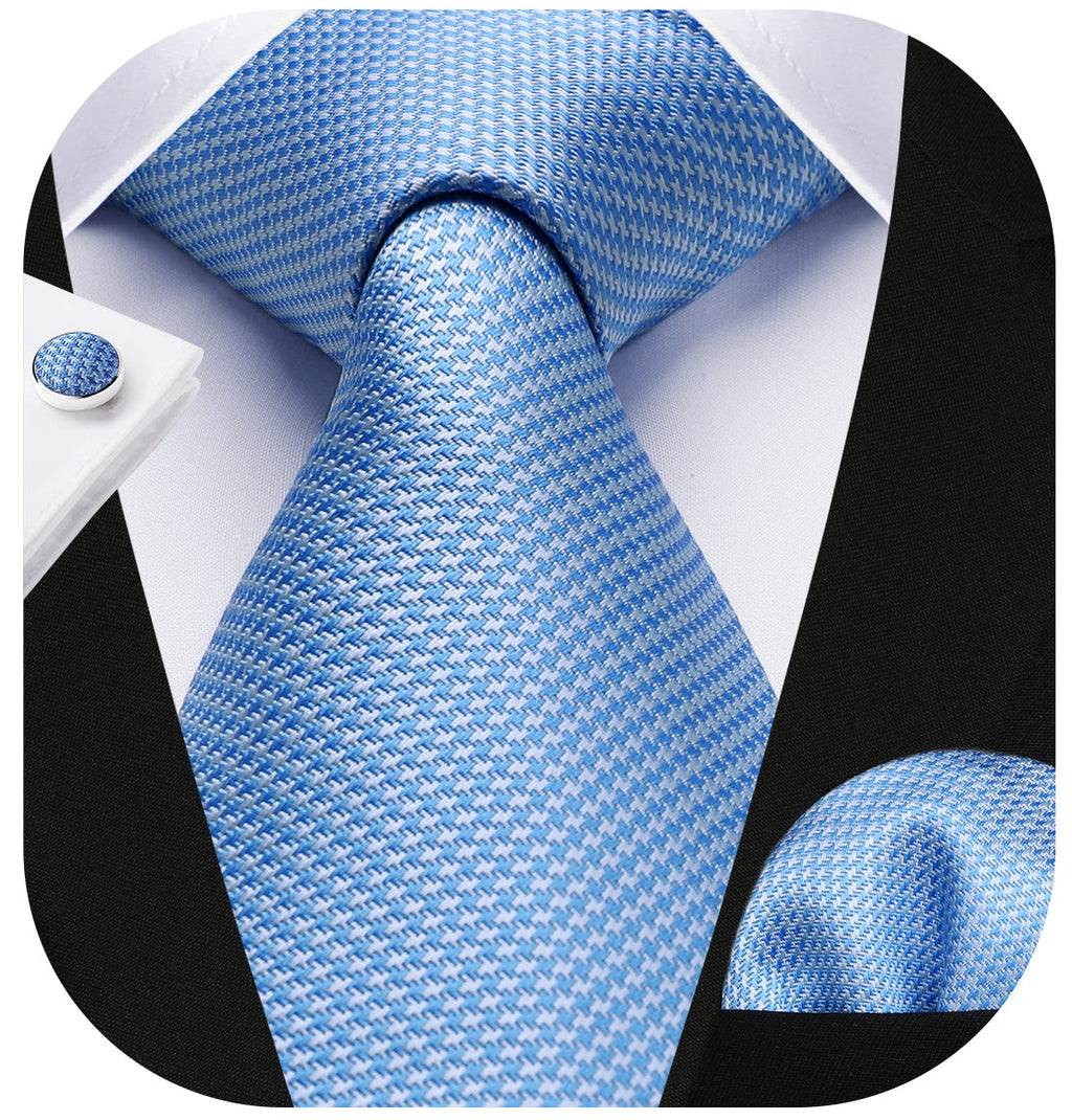 Hisdern Blue Houndstooth Business Tie Set with Cufflinks
