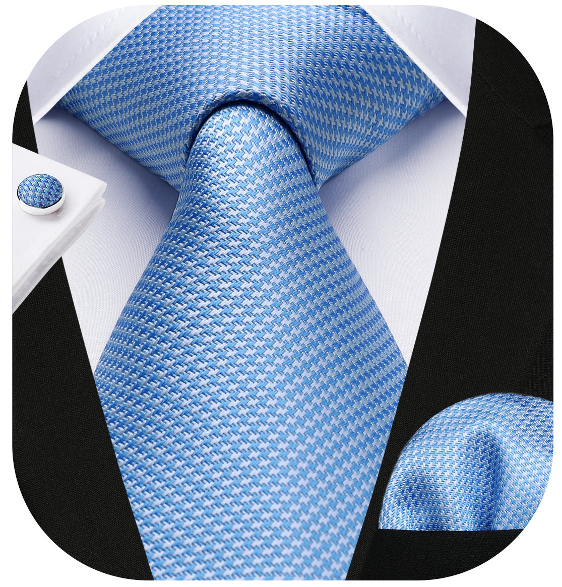 Hisdern Blue Houndstooth Business Tie Set with Cufflinks