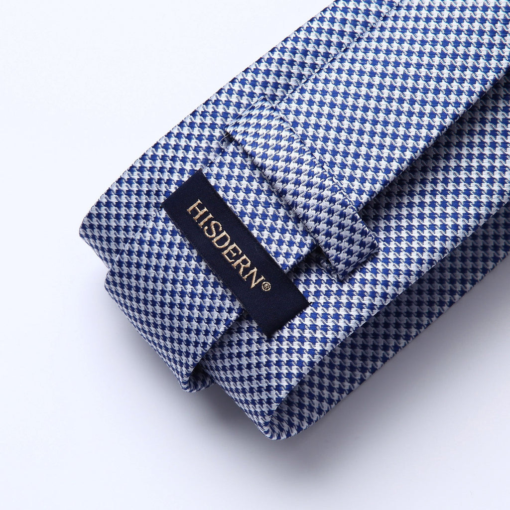 Hisdern Blue White Houndstooth Wedding Tie Set