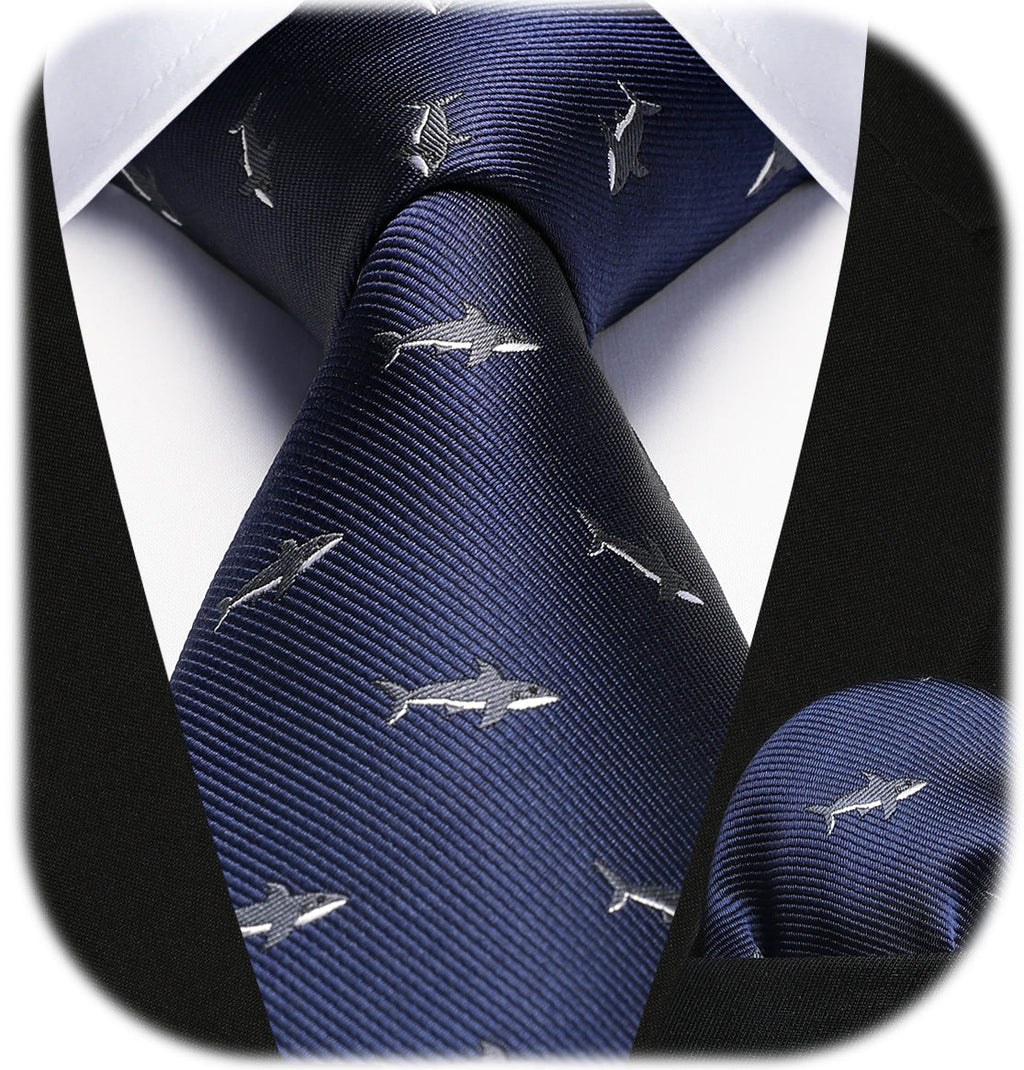 Hisdern Navy Blue Shark Cute Print Pattern Tie Set