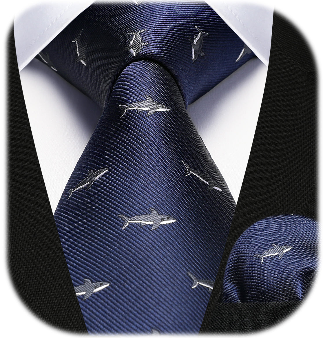 Hisdern Navy Blue Shark Cute Print Pattern Tie Set