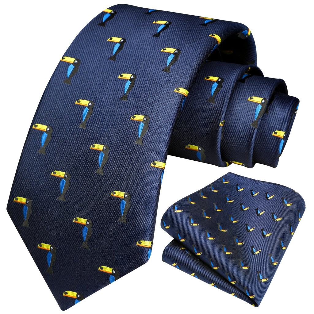 Hisdern Navy Blue Parrot Print Men's Suit Tie Set