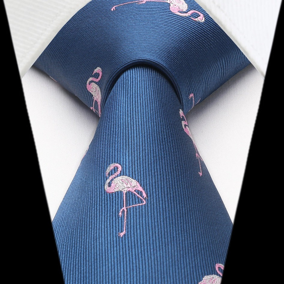 Hisdern Navy Blue Flamingo Cute Print Pattern Tie Set
