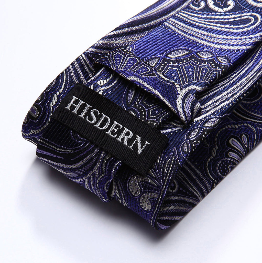 Hisdern Dark Blue Silver Paisley Tie Set For Formal Wear