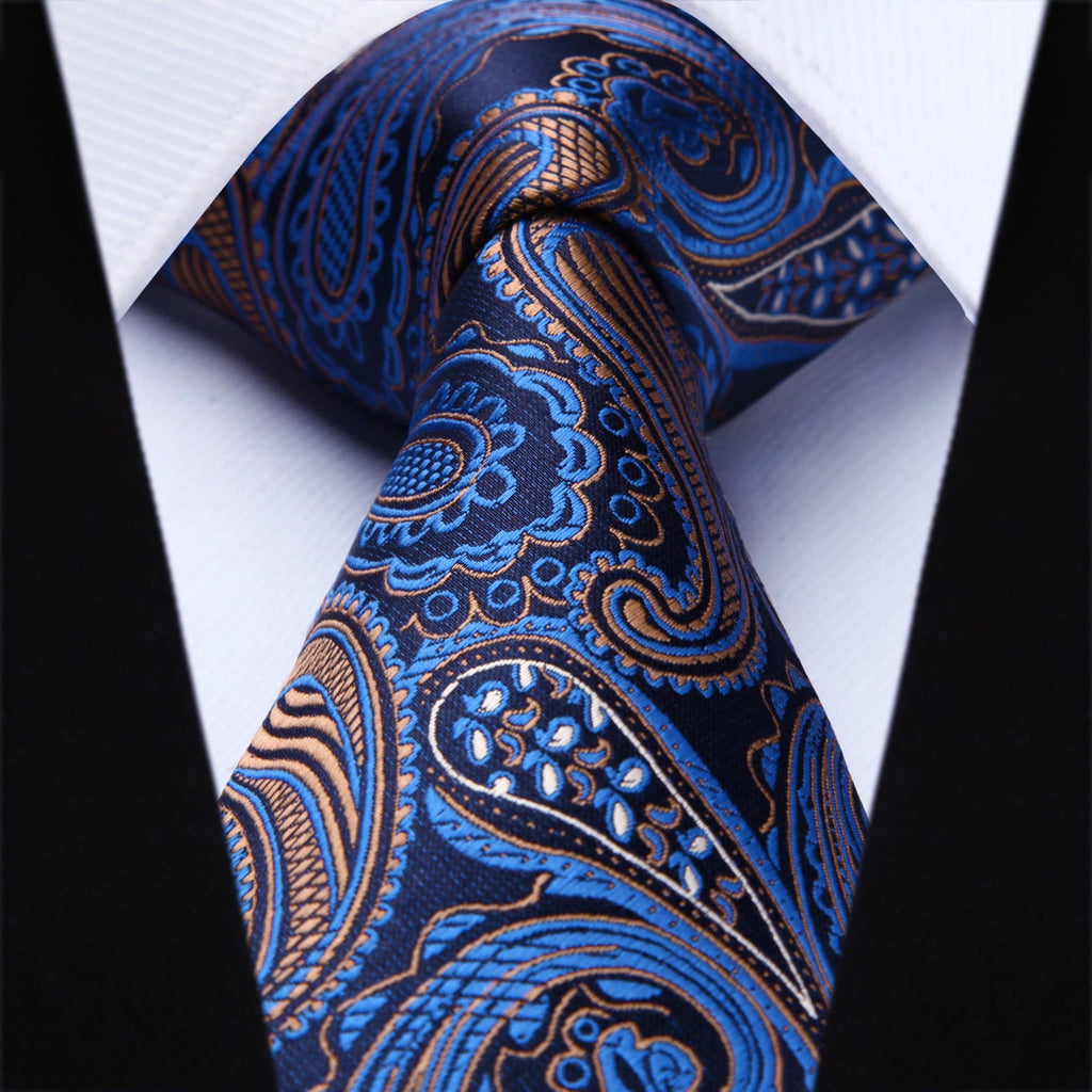 Hisdern Blue Brown Paisley Tie Set For Formal Wear