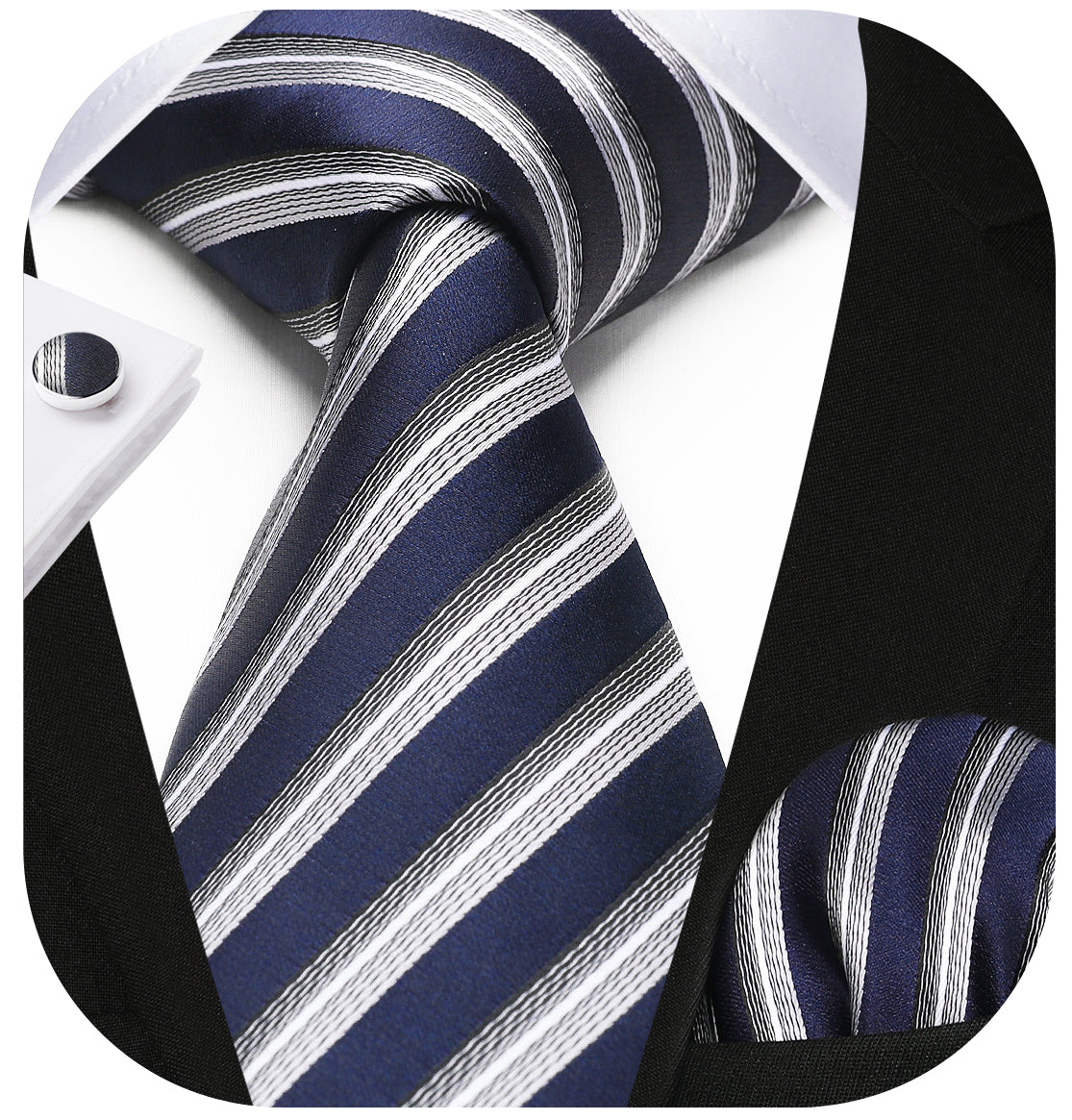 Hisdern Navy Blue Striped Wedding Accessories Set with Cufflinks