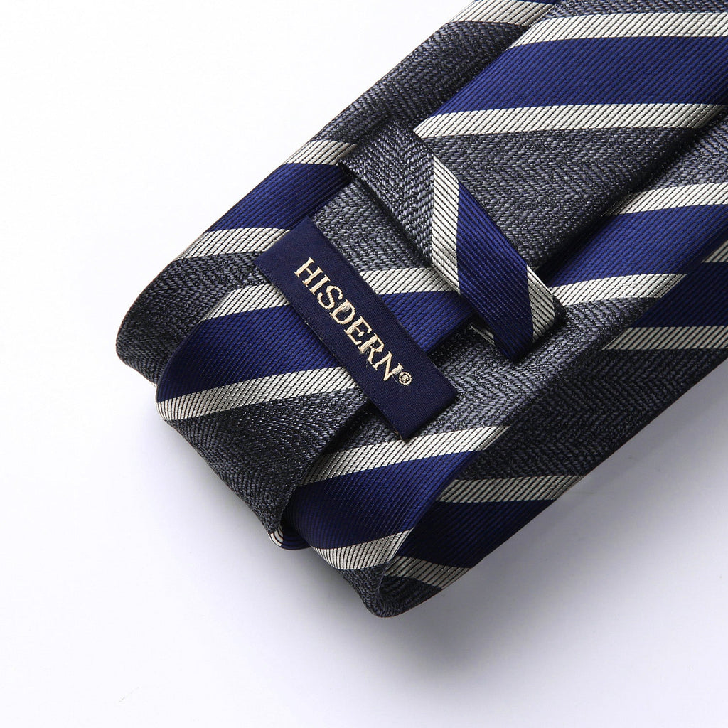 Hisdern Navy Blue Charcoal Striped Business Tie Set