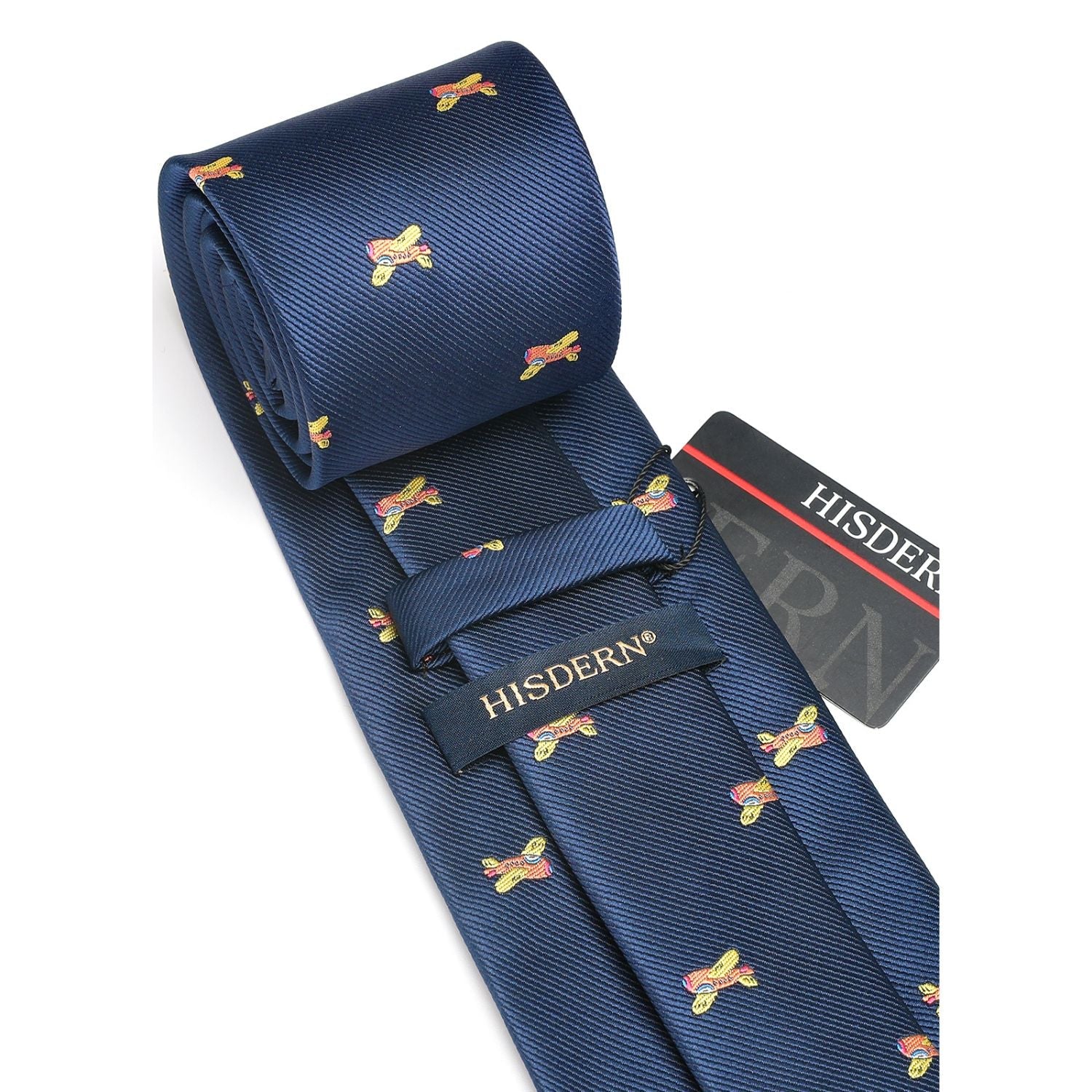 Hisdern Navy Blue Airplane Cute Print Pattern Tie Set