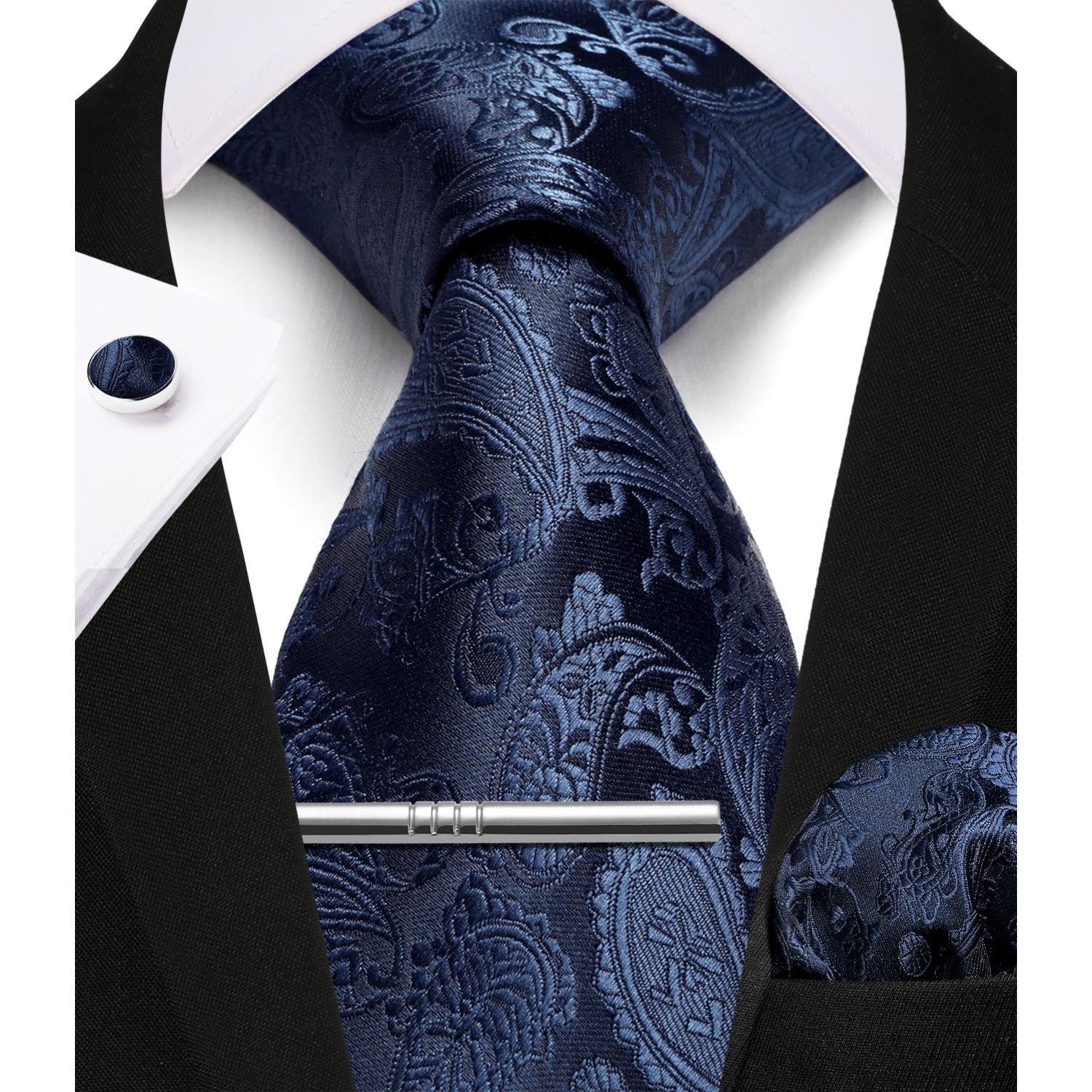 Hisdern Navy Blue Paisley Wedding Accessories Set with Cufflinks